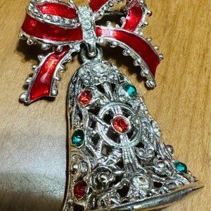 Vintage Christmas Brooch Bells RED BOW Rhinestones Enamel Holiday festive